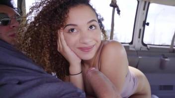 Cute and lovely black teen sucks a big dick before getting fucked hard in a van