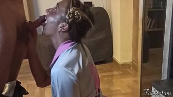 Silly Follege Cheerleader First Time asking for "Trick or Treat". Old Man Tricks her and he's got his Cock in her mouth. Great Deepthroat. Her Slutty Face and Uniform covered by his Big Cumshot. Teen Halloween Perfect Blowjob.