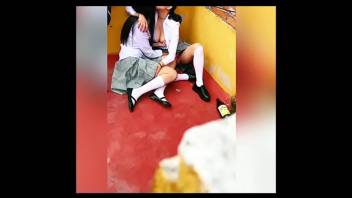 Public Threesome at School! Two Lesbian Students Kissing Behind Classrooms Inside School, Another Student Film them and They Have a Public Threesome! Vol 2